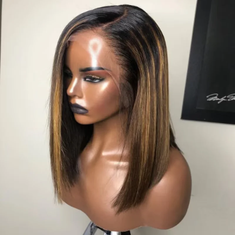 Perruque Bob Lace Front Wig courte sans colle, cheveux lisses, à reflets blonds, densité 180, 16 pouces, pre-plucked, pour femmes