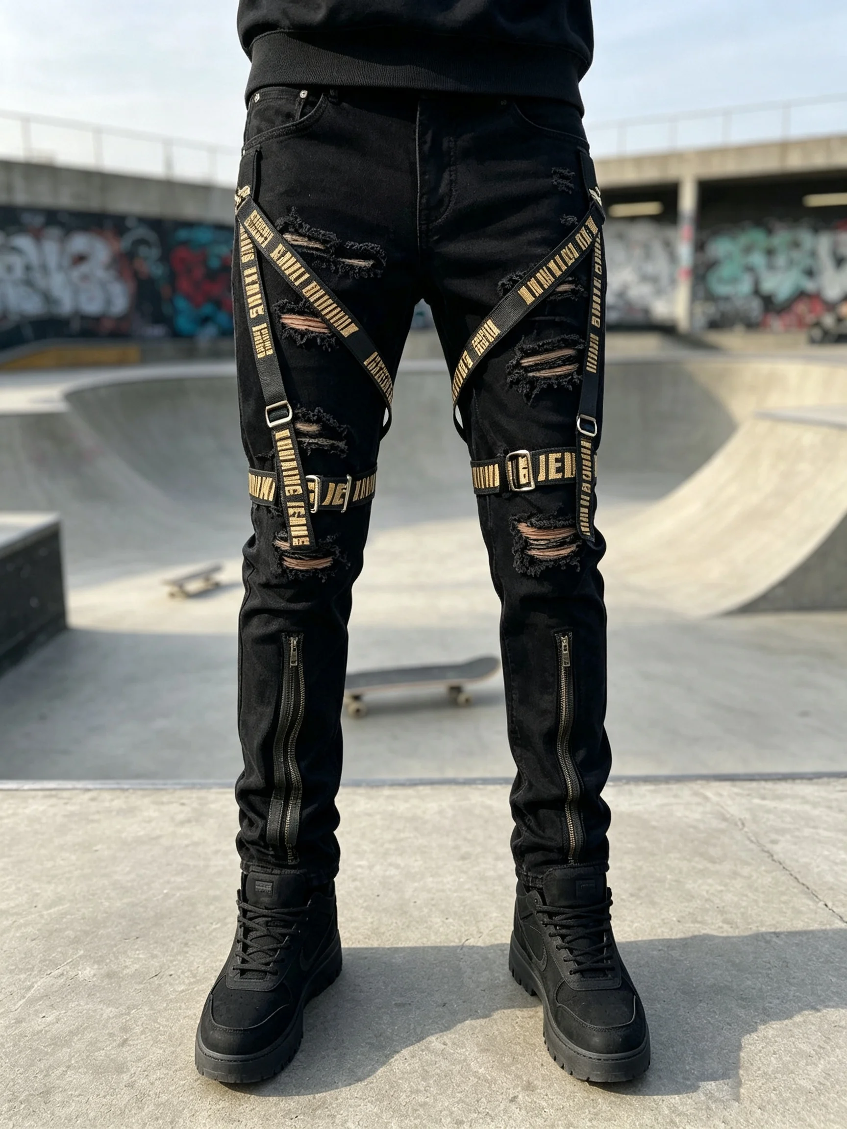 Men Y2K Ripped Distressed Jeans Drip Clothes Decorative Strap Zipper Trousers Punk Streetwear Men's Destroyed Denim Jeans Men