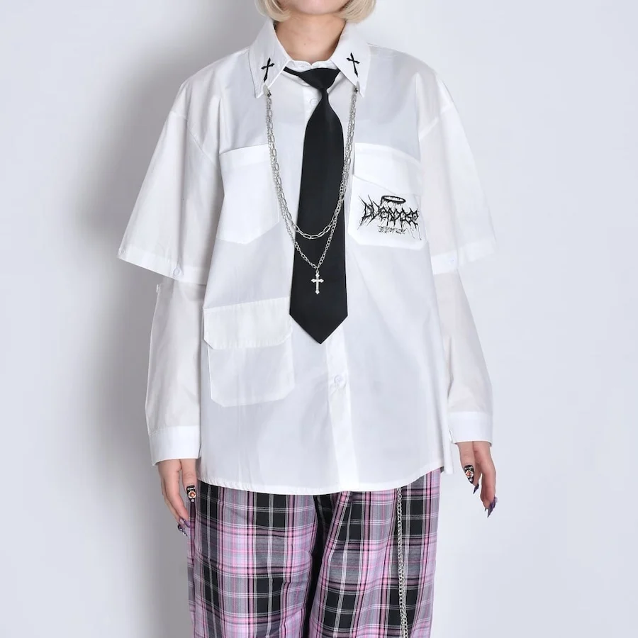 Japanese Mine Embroidered Cross Print Loose Long Short Sleeve Two Wear Shirt Women's Subculture Shirt with Chain