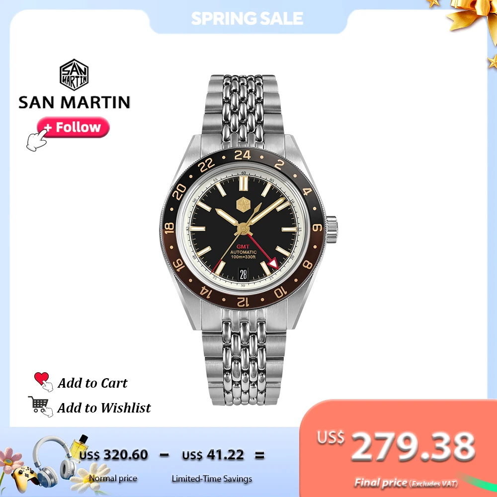 

San Martin Watch Design 39.5mm NH34 Luxury GMT Aluminum Bezel Automatic Mechanical Watches for Men Sapphire 100m Luminous SN0116