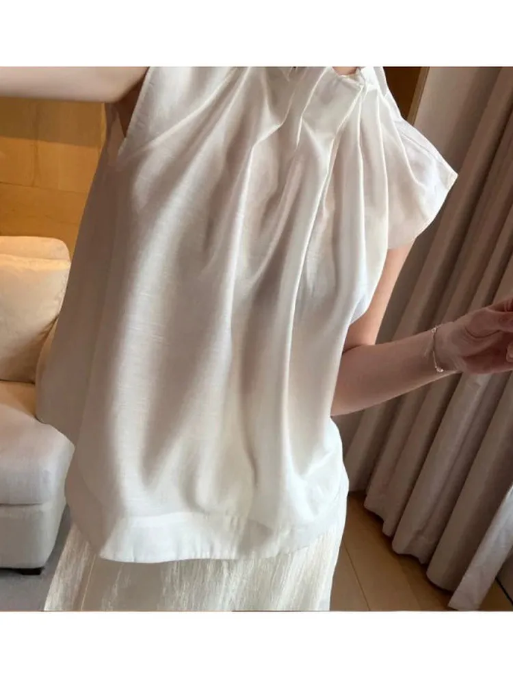 

East Gate Loose Design Sense Stand Collar Svel Women's irt Ele Pleated Top Commute Sle Pure Color Casual irt