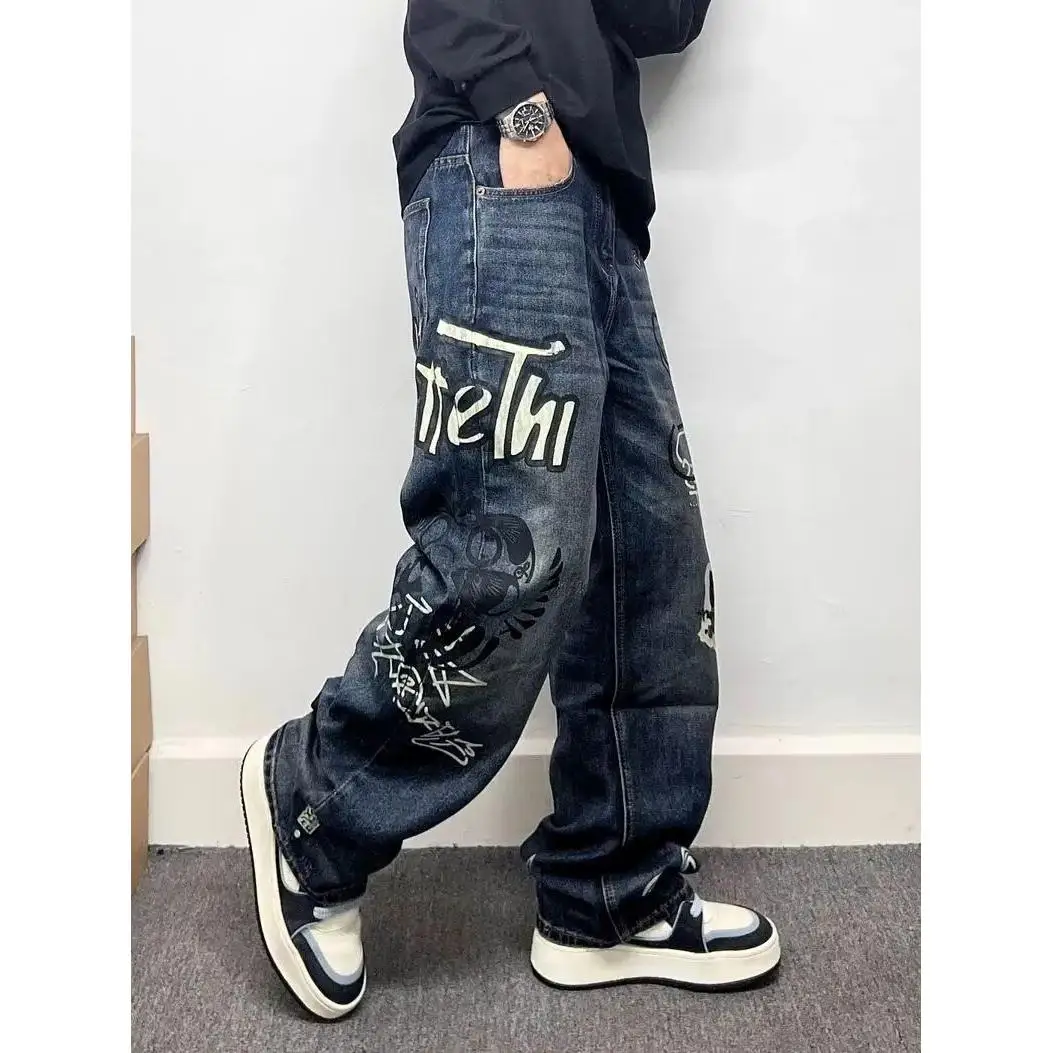 

Retro fiti Loose Straight Leg Men's Jeans Street Sle Personali Print Casual Straight Cut Denim Trousers for Men
