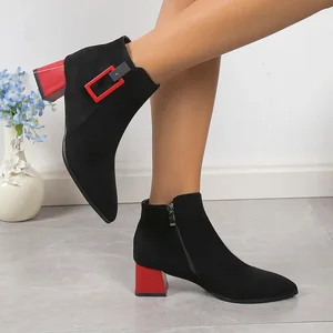 2023 Women's Thick Heel Ankle Boots Color Matching Fashion Sexy Pointed Toe High Heels Women's Shoes Women's Short Retro Boots