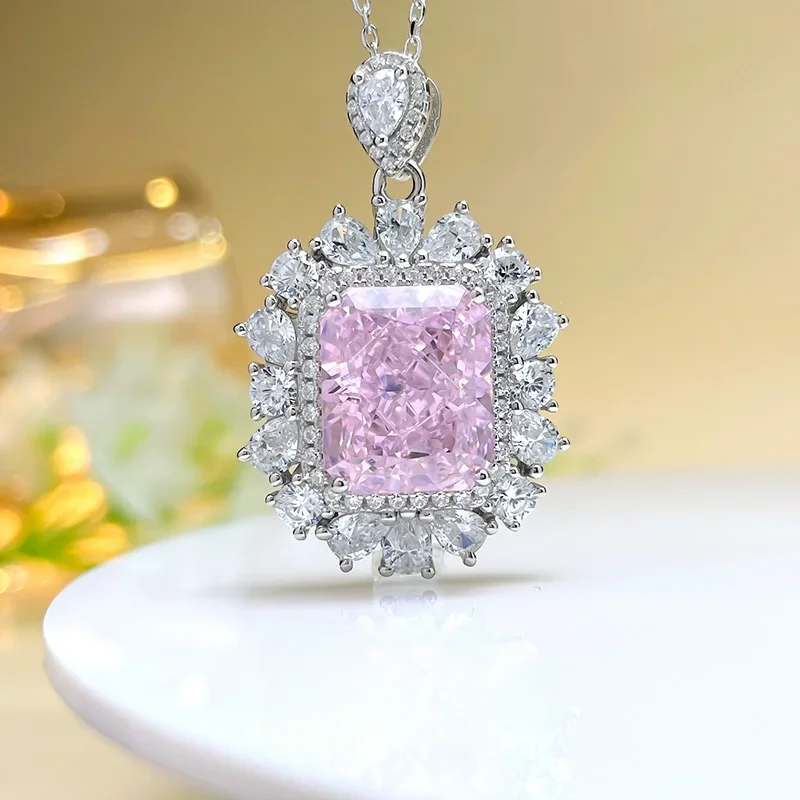 

Fashionable cherry blossom pink diamond necklace with high carbon diamond explosion flash S925 sterling silver wedding jewelry