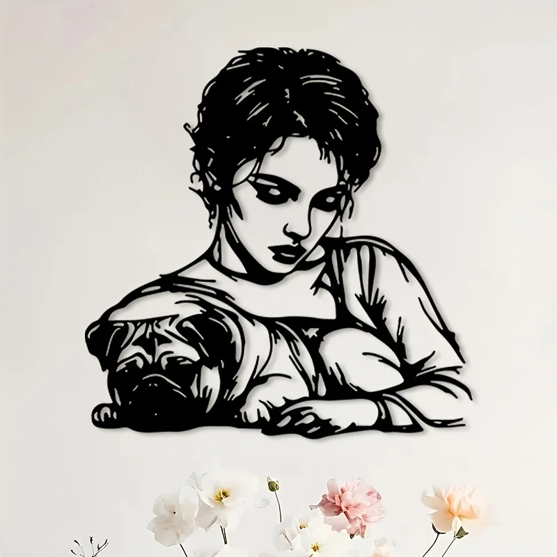 Woman Pug Metal Wall Art Iron Pet Sculpture Living Room Office Hanging Mural Artistic Christmas Valentine Animal Lover Gift