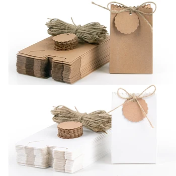 10-30pcs Retro Kraft Paper Gift Box White Brown Cookie Candy Packaging Bag with Rope Tags…