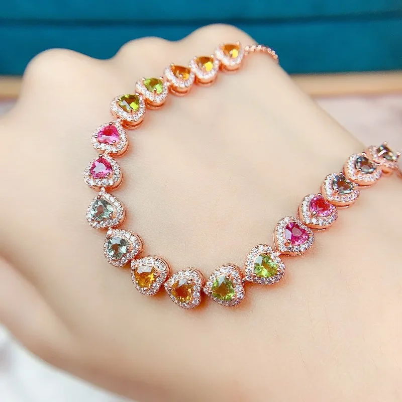Genuine Multi-color Tourmaline Silver Bracelet 4mm  Natural Tourmaline Bracelet with Thick 18K Gold Plating
