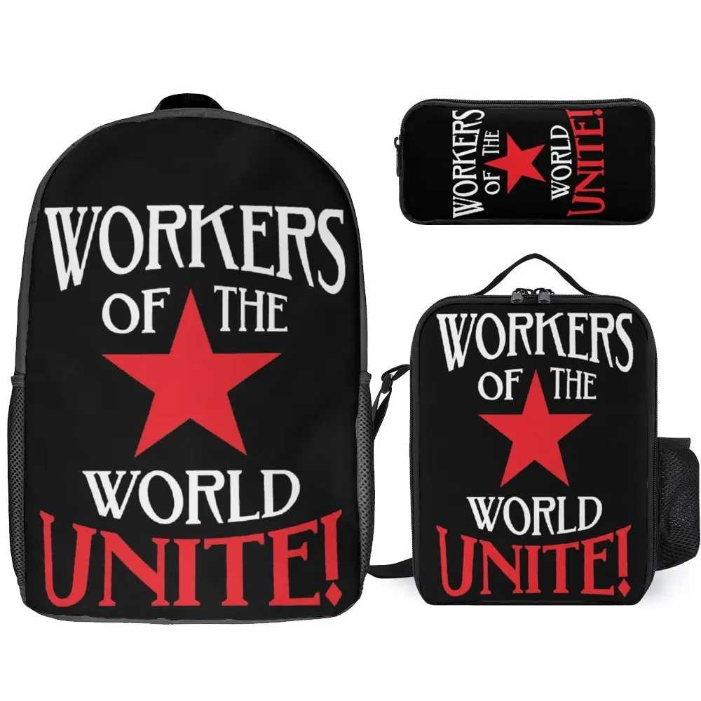 Workers Of The World Unite Red Star & 3 in 1 Set 17 Inch Backpack Lunch Bag Pen Bag Summer Camps Graphic Cool Firm Rucksack Cozy