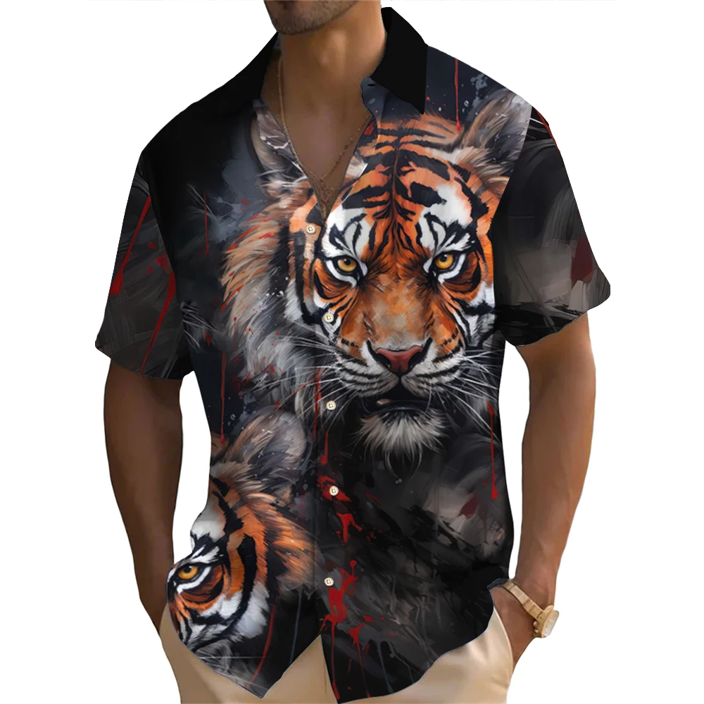 Summer Fashion Men\'s Short Sleeve Shirt Vintage Animal Tiger Print Street Casual Daily Oversized Men\'s Shirts Oversized Tops