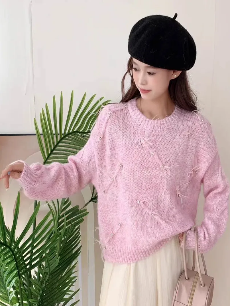 

Мягкий уютный круглый трикотаж Ne, женский свободный осенне-зимний модный уникальный красивый высококачественный свитер с украшением