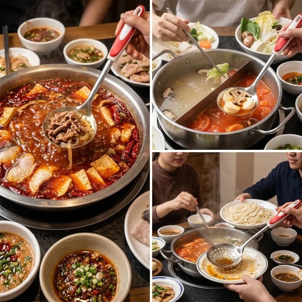Rustless Steel Strainer Long Handle Dense Hole Hot Pot Skimmer Non-slip High Temperature Resistance Food Scoop Kitchen Use