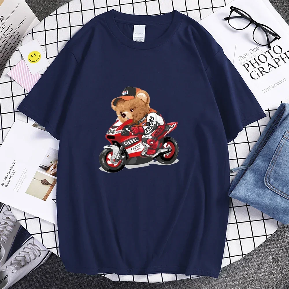 Men's Motorcycle Bear Printed T-shirts Summer Short Sleeve Casual Tees Y2k Harajuku Designer Tops Oversize Streetwear XS-3XL