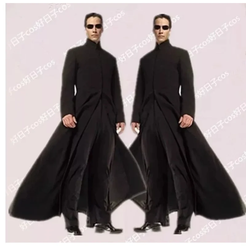 Matrix Neo Cosplay Costume pour hommes et femmes, manteau noir personnalisé, accessoires de lunettes d'Halloween, RZ