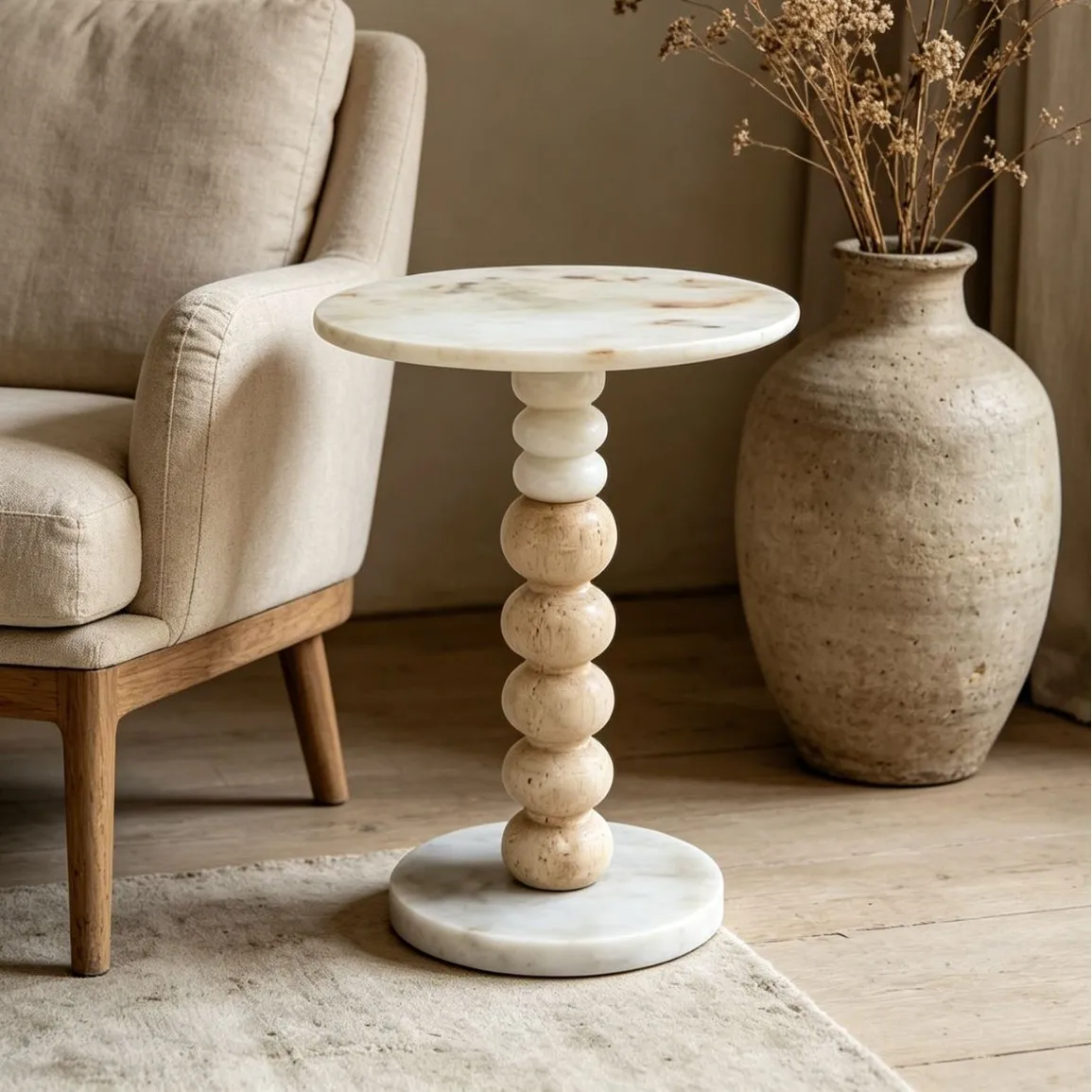 Natural travertine edge table, beaded column, movable small coffee table next to the living room sofa