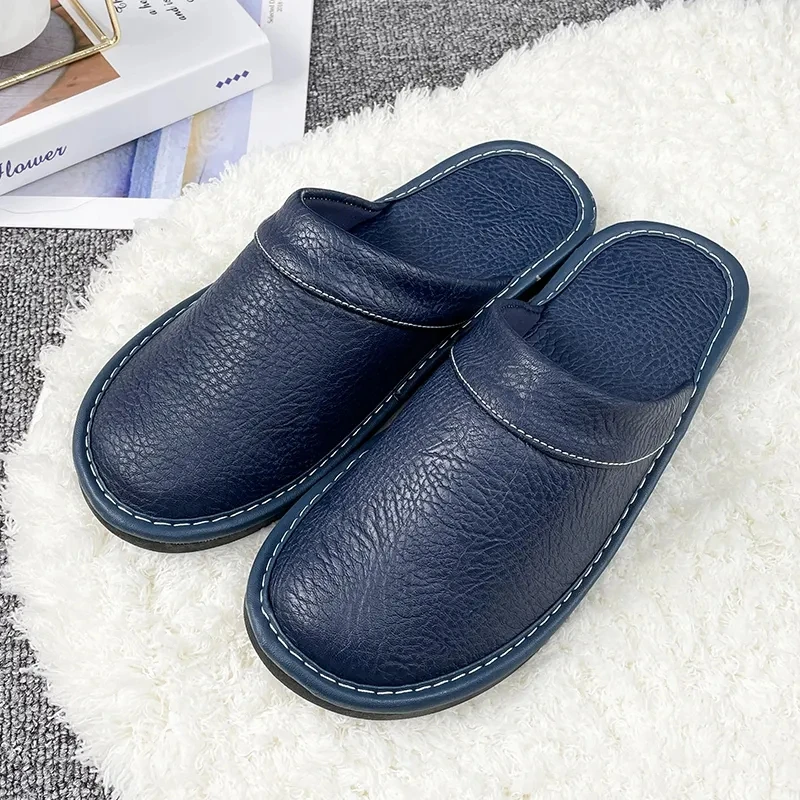 Black Home Leather Slippers Men\'s Indoor Flats Waterproof Autumn Lovers Shoes Classic House Couples Soft Leather Slippers