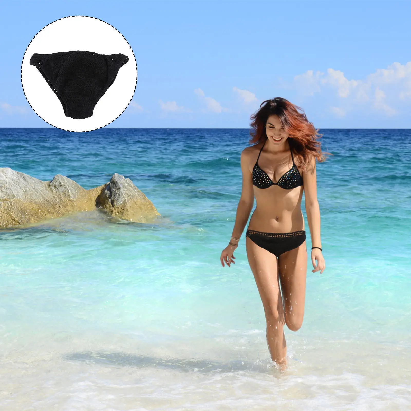 1Pcs Black Size S Women's Summer Low Rise Bikini Briefs Breathable Beachwear Hand Knitted Shorts Seaside Swimwear Beach Bikini
