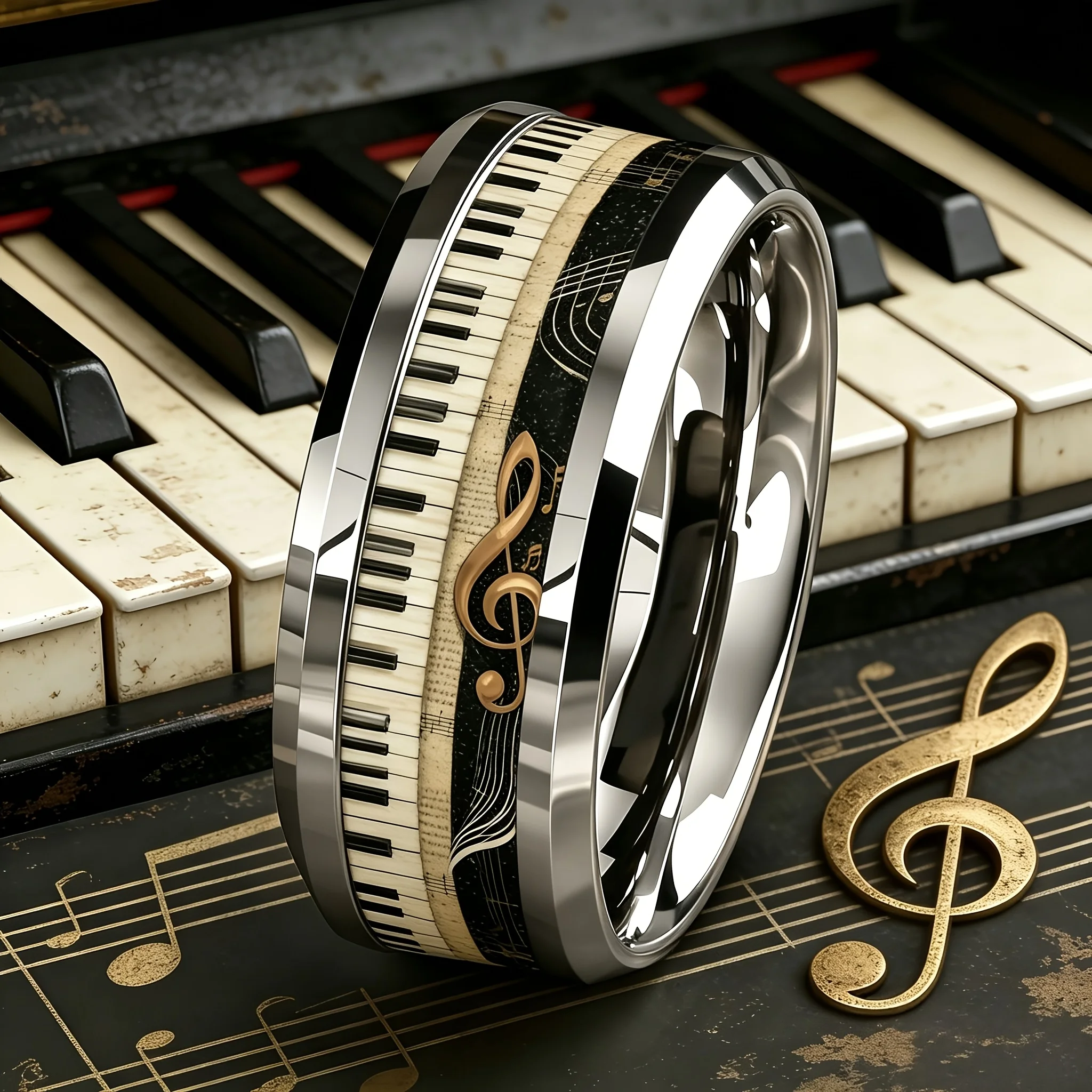 Wholesale Retro Piano Note Inlay Ring Stainless Steel Rings for Men Women Wedding Band Jewelry For Music Lover Musician Gift