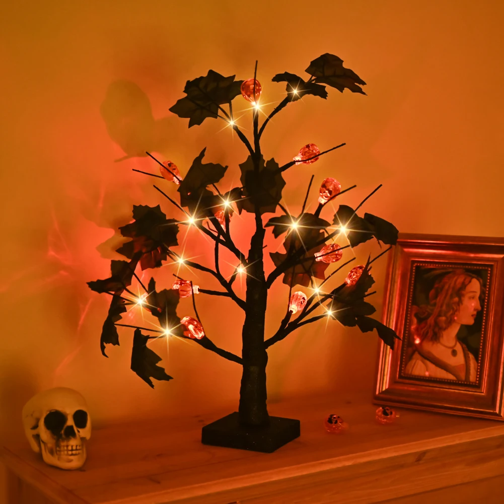 24 LED برتقالي مضاء للهالوين شجرة البتولا الاصطناعية الخفيفة DIY فروع سوداء أضواء الطاولة هالوين مخيف