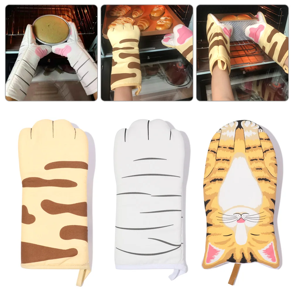 Microwave Non-Slip Baking Heat Resistant Insulation Gloves Cat Paws Cartoon Animal Oven Mitts