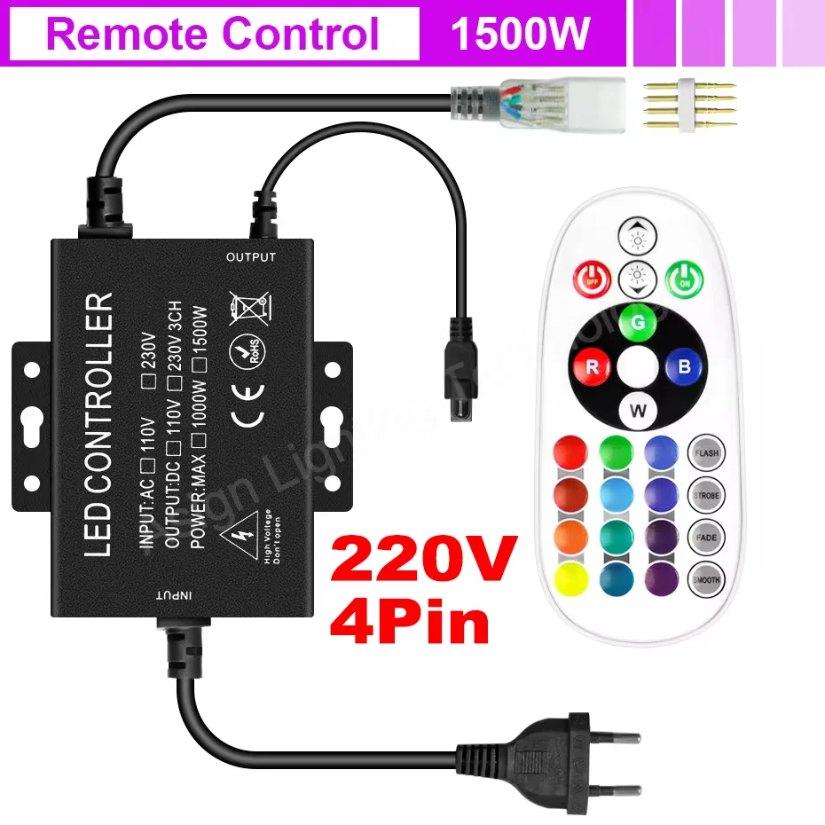 220V 4Pin LED Strip Light Controller RGB Neon Strip Color Changable 750W 1500W Remote/Bluetooth APP/ Tuya WiFi Controller