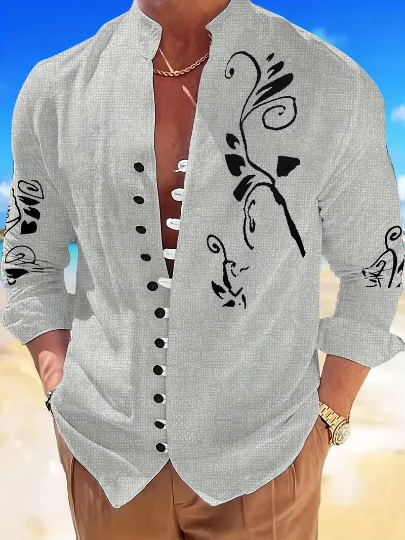 New Men's Bandage Round Collar High Quality Shirt Men's Solid Color Cotton Folding Casual Slim Long-Sleeved Shirt.