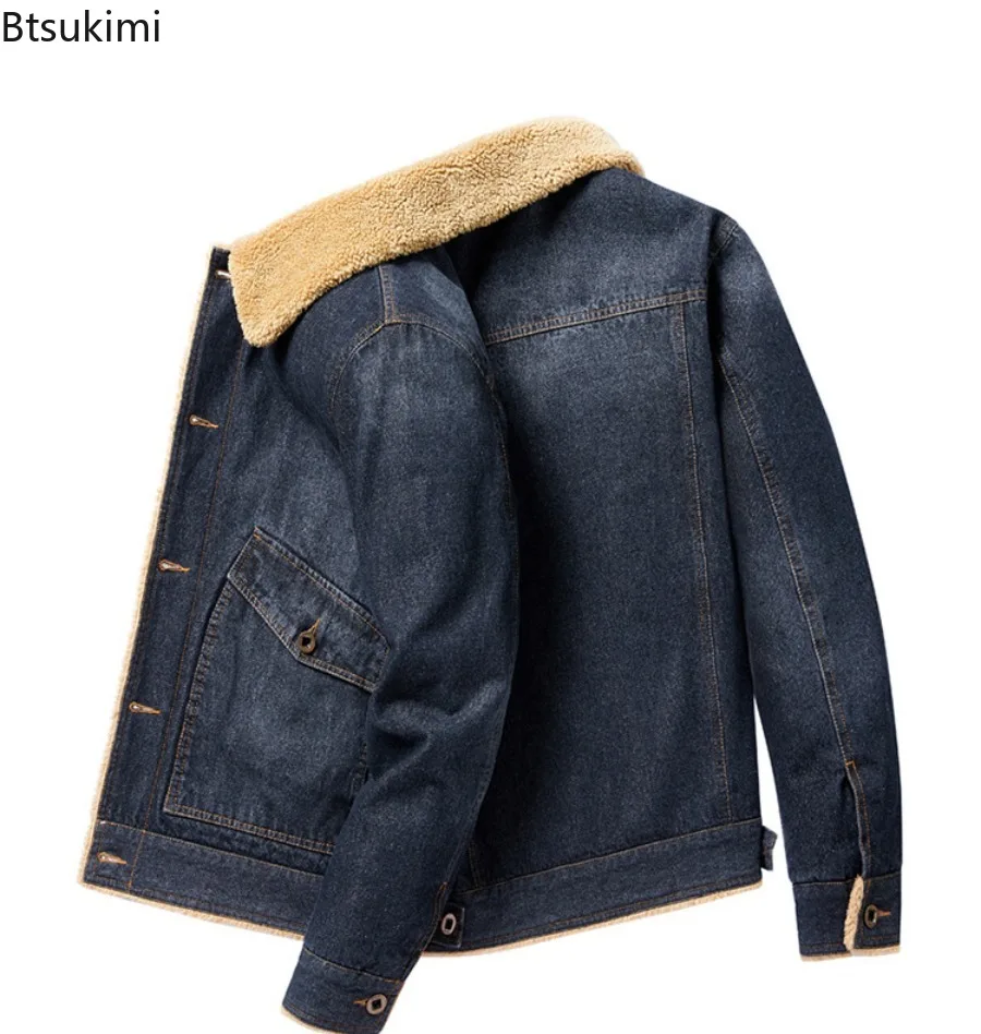 Winter New Denim Jacket Men's Lapel with Thick Fleece Denim Padded Jacke Loose Plus Plus Plus Size Trendy Workwear Jacketcoat