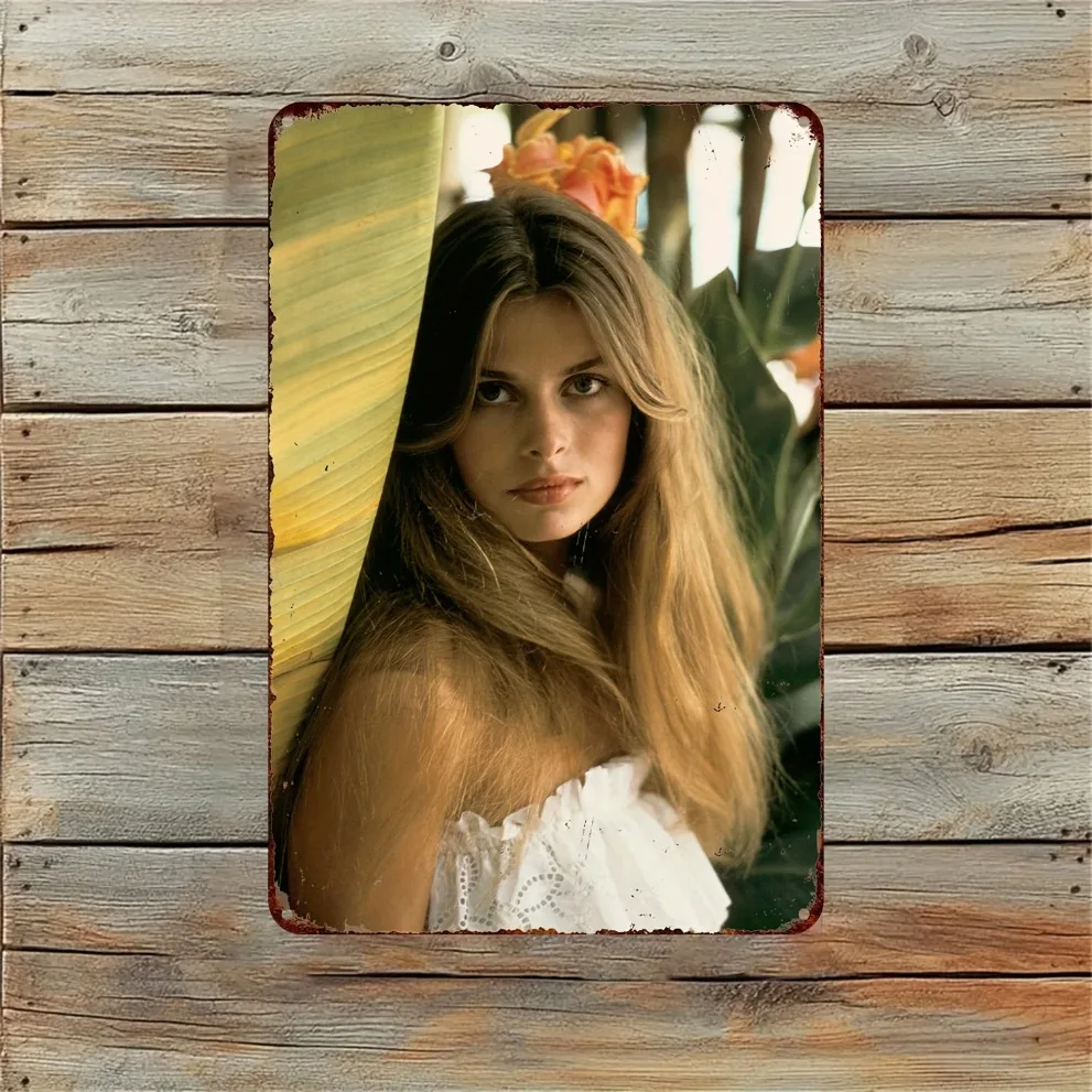 Letrero artístico de metal estilo Nastassja Kinski, decoración de pared con flores y pelo largo, 7,8x11,8 pulgadas