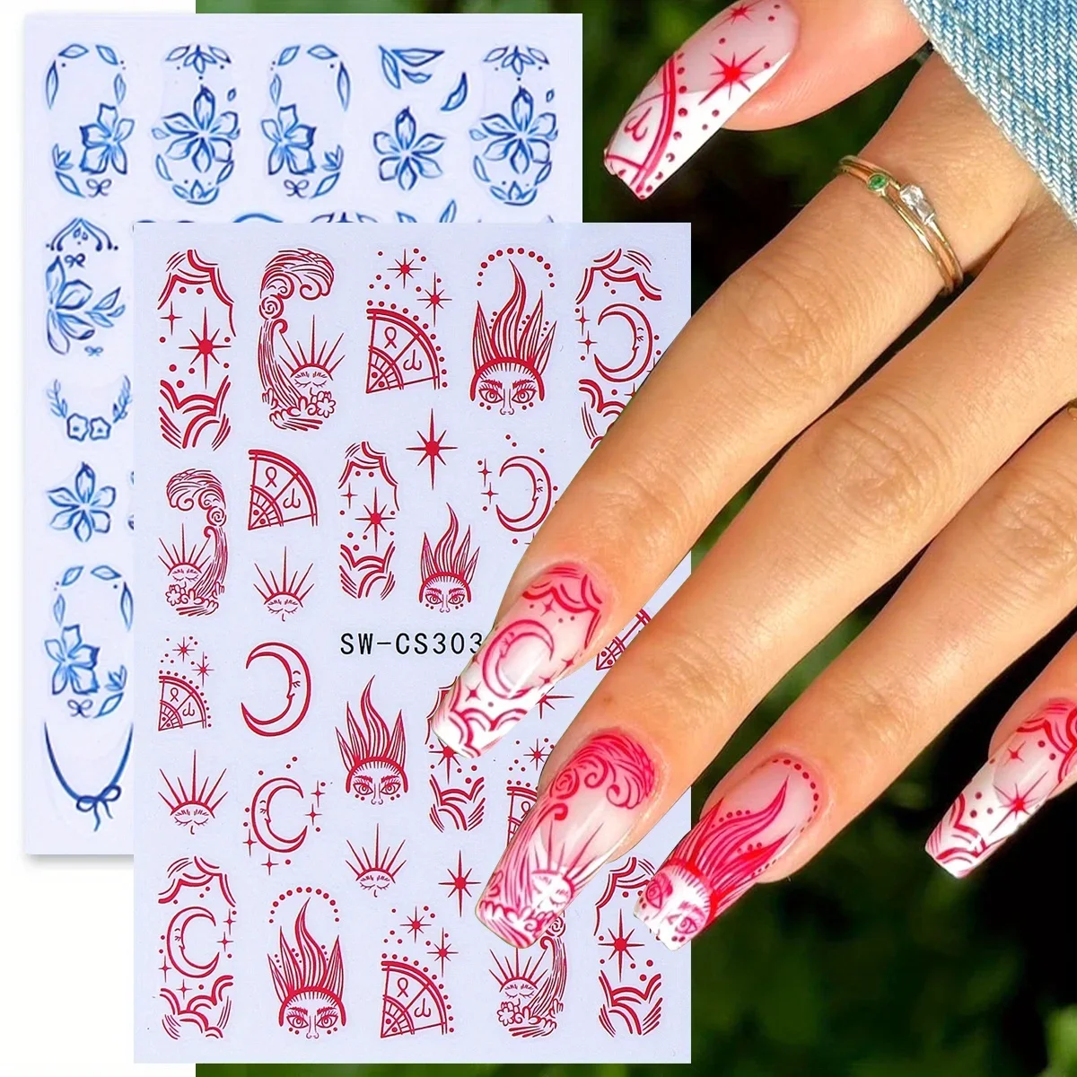 

2pcs Painting Sun God Moon Nail Manicure Decals Star Constellation Flowers French Stickers Halloween Y2K Nail Accessories Decor