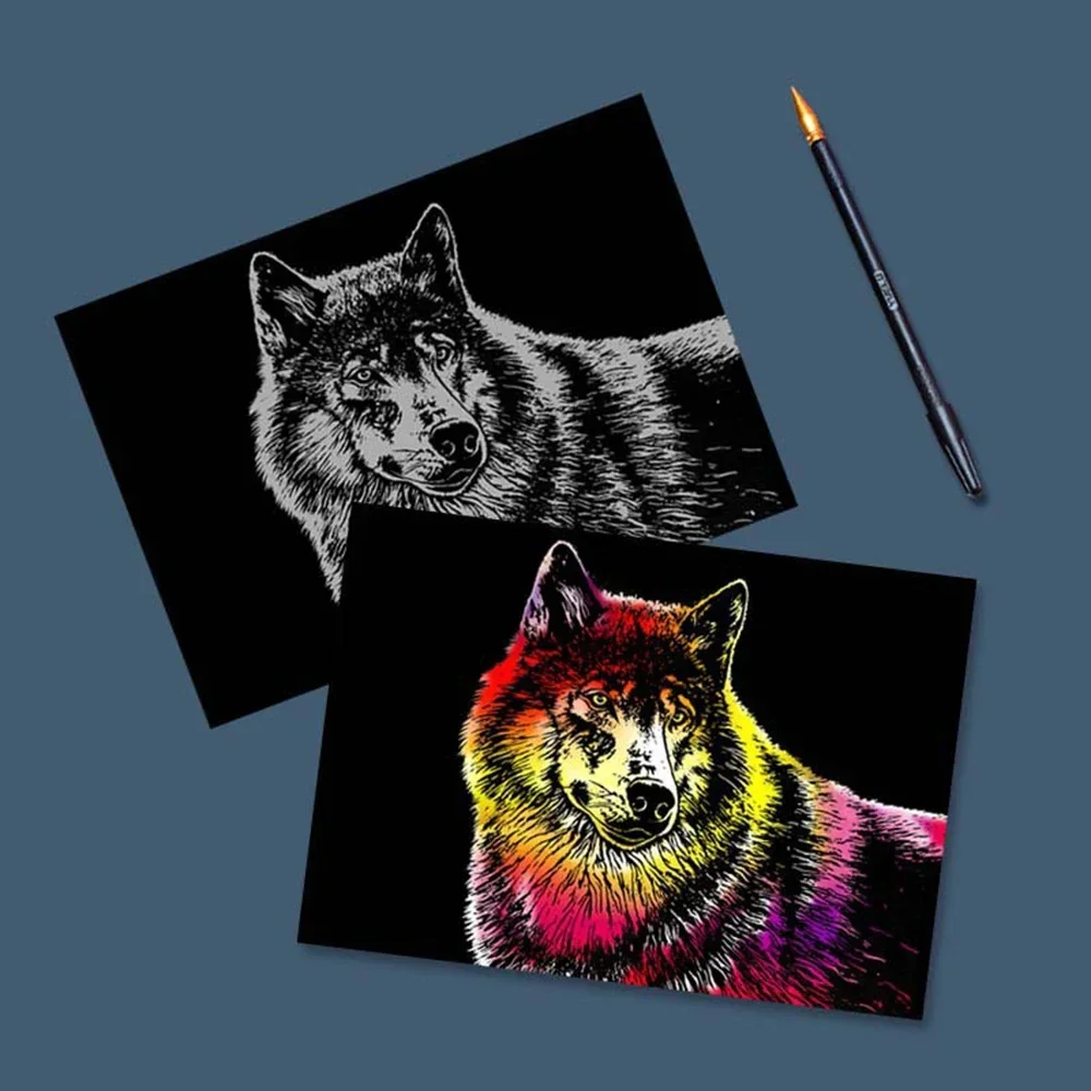 4pcs/set Animal Painting Originality DIY Scratch Handmade Painting Room Decor Aesthetic Tiger Lion Poster A4 Cardboard Drawing
