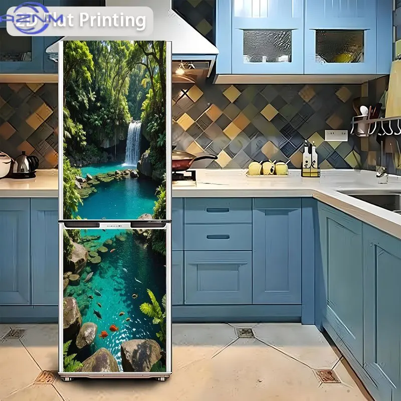 1pc 2D Flat Design Refrigerator Sticker, 23.62×70.87inch, Emerald Pool and Waterfall Deep in the Rainforest, Self-Adhesive Wal
