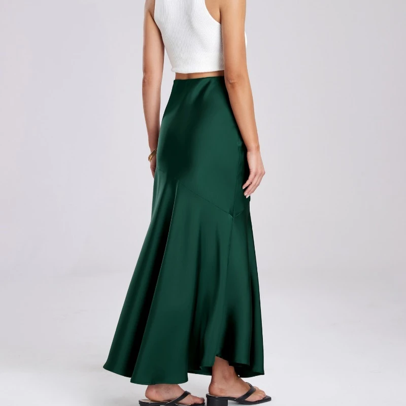 تنورة صيفية جديدة عالية الخصر من الساتان النحيف على شكل ذيل السمكة للنساء تنورة أنيقة سوداء طويلة الخصر ملفوفة على الموضة بمزاج متين