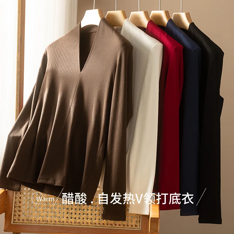 New Winter Acetate Wool Blend Warm Self-heating V-neck Undershirt with Women's Autumn and Winter Pit Strip Knitwear