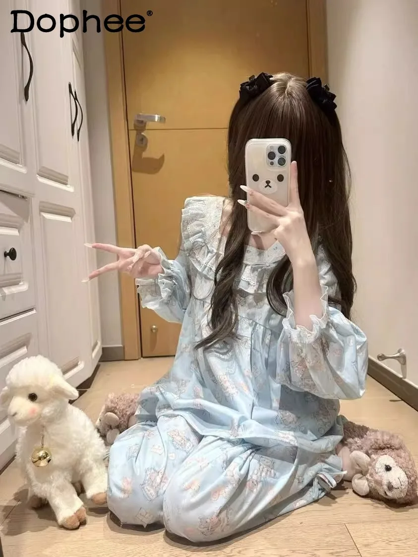 

Japanese Sweet Cute Girl Cartoon Bear Lace Square Neck Pajamas Spring Autumn Thin Long Sleeve Outdoor Homewear Set