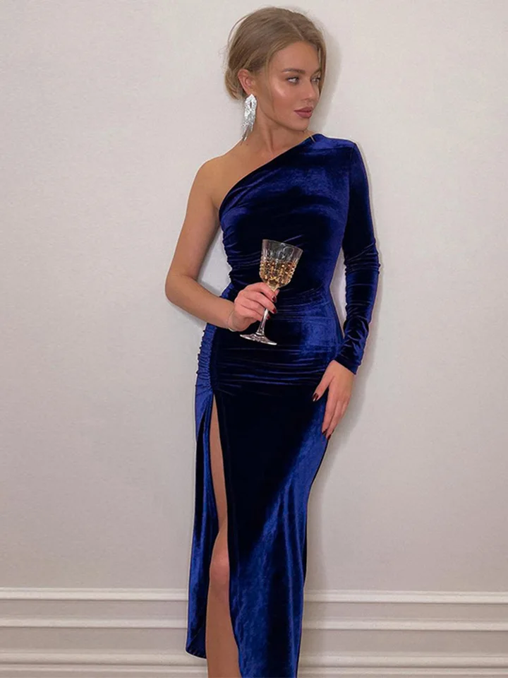Vestido Elegante de Manga Larga para Mujer, de Terciopelo, Entallado, con Abertura, para Fiesta de Noche, Largo Medio, Primavera Otoño 2