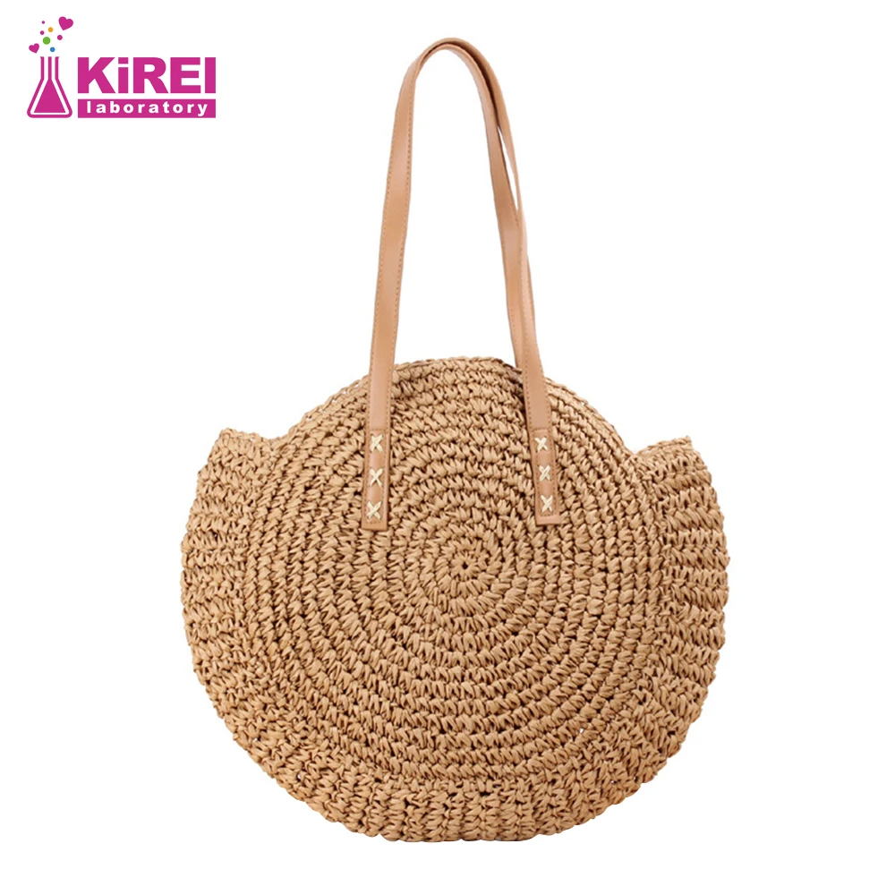 Ladies Large Capacity Round Straw Beach One Shoulder Retro Raffia Round Rattan Bag Bohemian Summer Vacation Leisure Bag