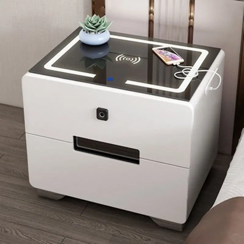 Nordic Modern Bedroom Dining Furniture Tri-color LED Lights Smart Night Stand 2 Drawers Bedside Table Set 2 USB Wireless Charger
