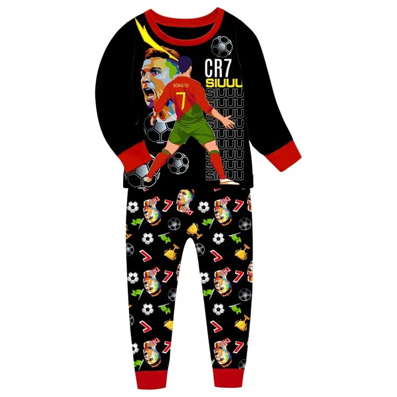 Roupas infantis menino meninas estrela de futebol pijamas camiseta calças 2 pçs confortável mangas compridas homewear siuuu cr7s crianças roupas