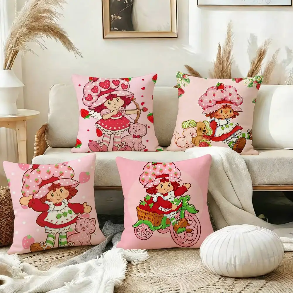 Cute S-Strawberry S-Shortcake-Girl Square Double-Sided printed Pillow Case Bedroom Bedside Pillow Sofa Cushion Cover