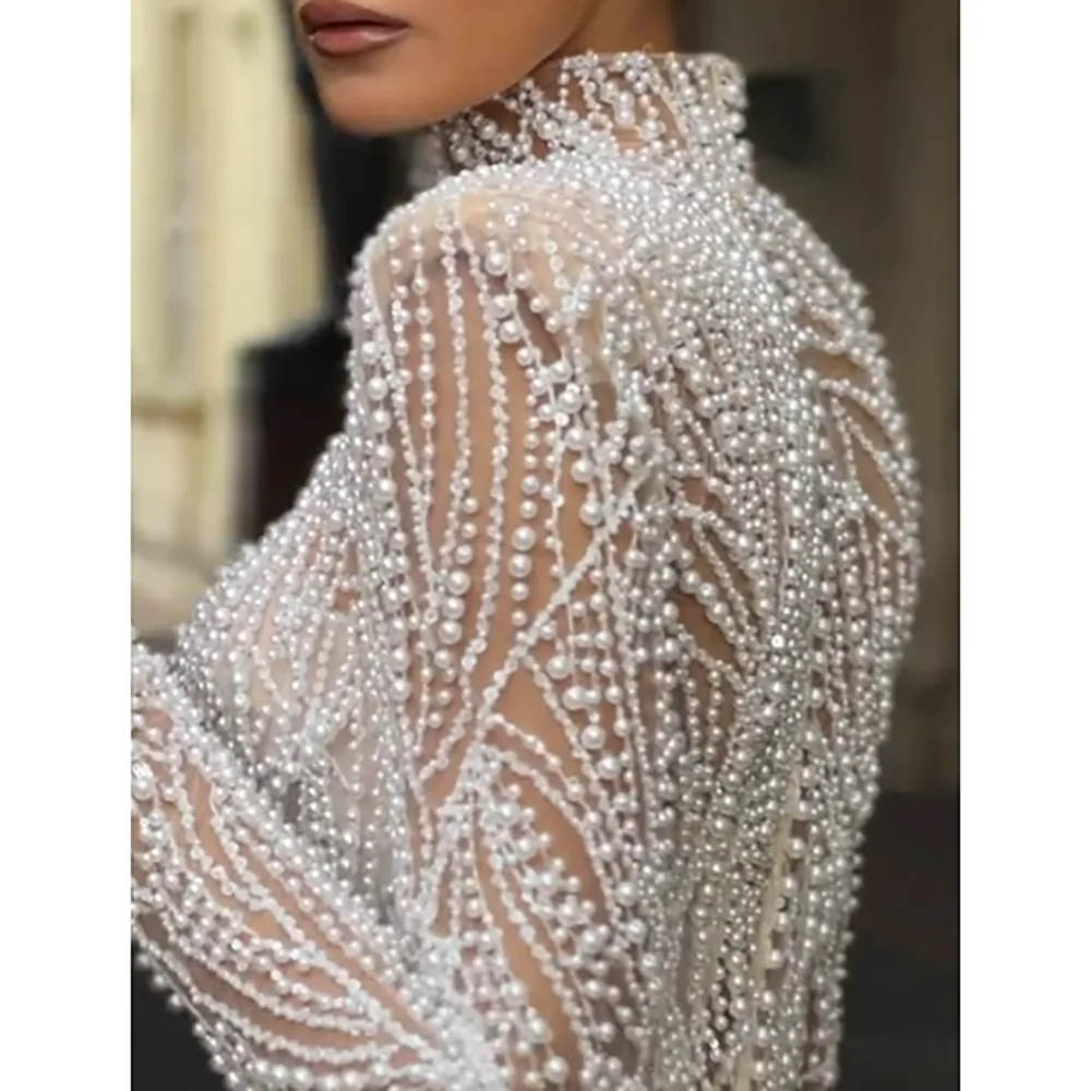 

Sheer Chiffon Evening Dress Luxury Couture Pearl-Encrusted Gown Crafted from Beaded Embroidery Fabric Long Sleeves Wedding Gown