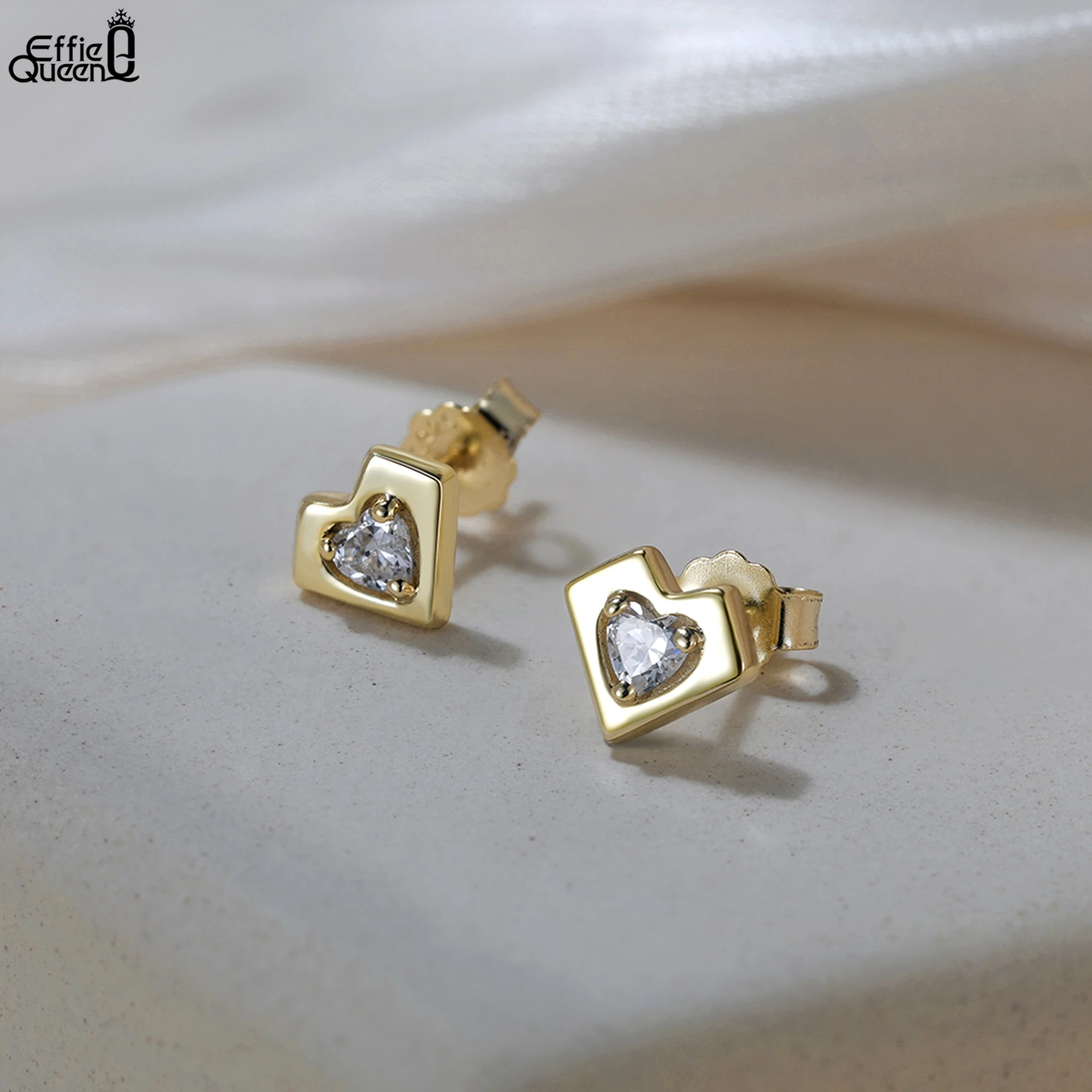 

Effie Queen 925 Sterling Silver Stud Earrings Heart Style With Sparkling AAAA Zirconia Ornament Romantic Present for Her APE139
