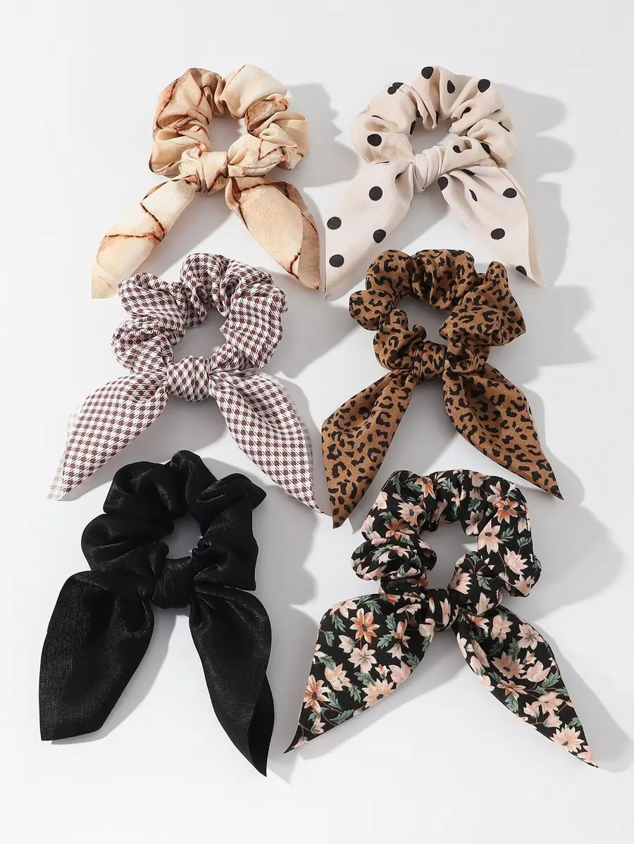 6pcs Women's Fashion Polka Dot, Plaid, Bow, Floral, Rabbit Ear Hair Scrunchies, Suitable For Daily, Holiday, Casual, Party,