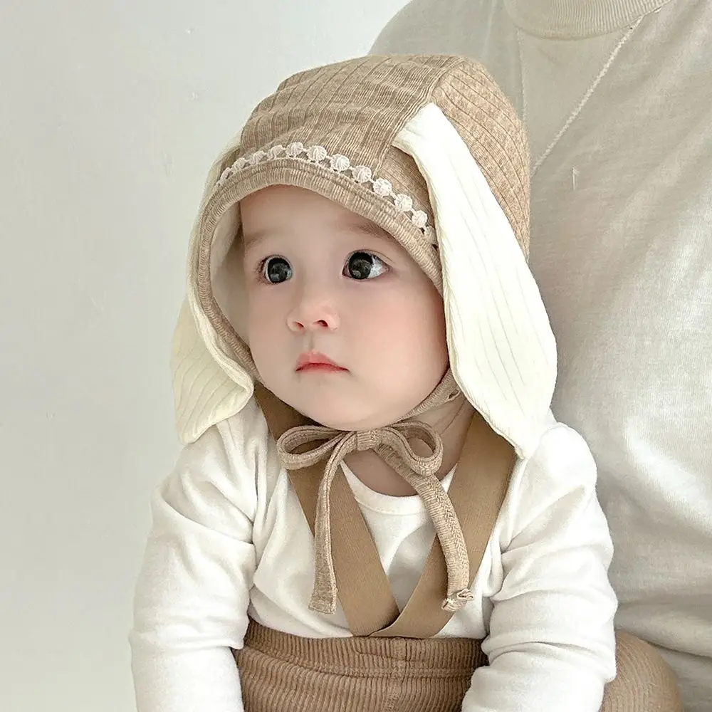 

Korean Cute Baby Ear Protection Hats Sweet Soft Baby Fetal Cap Long Ear with Tie Strap Infant Bonnet Hat Photography Props