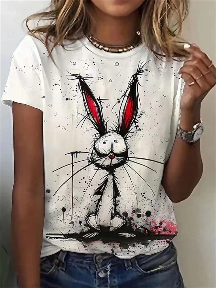 Women's Round-Neck Short-Sleeve T-Shirt Casual Top with Abstract Humorous Rabbit Print Fashionable Women's Short-Sleeve Top