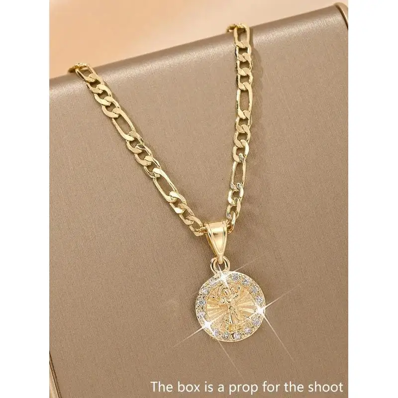 1 Round icon pendant necklace，Copper 14K Gold-plated，Round plaque with a relief depicting the infant Jesus，The outer ring is ado