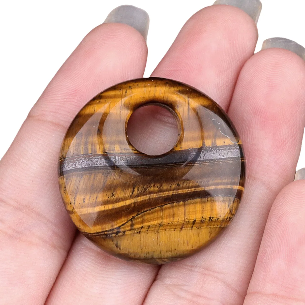 Yellow Tiger's Eye 30MM Donut Gemstone Charms for Making Jewelry 8MM Hole Polishing Round Lucky Coin Protection Safety Healing