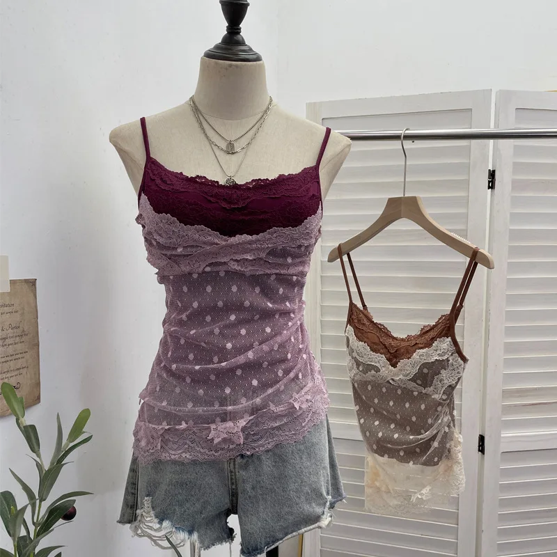 

Spice Girl Fake Two Pieces Lace Splicing Mesh Strapless Sling Vest Slim Top