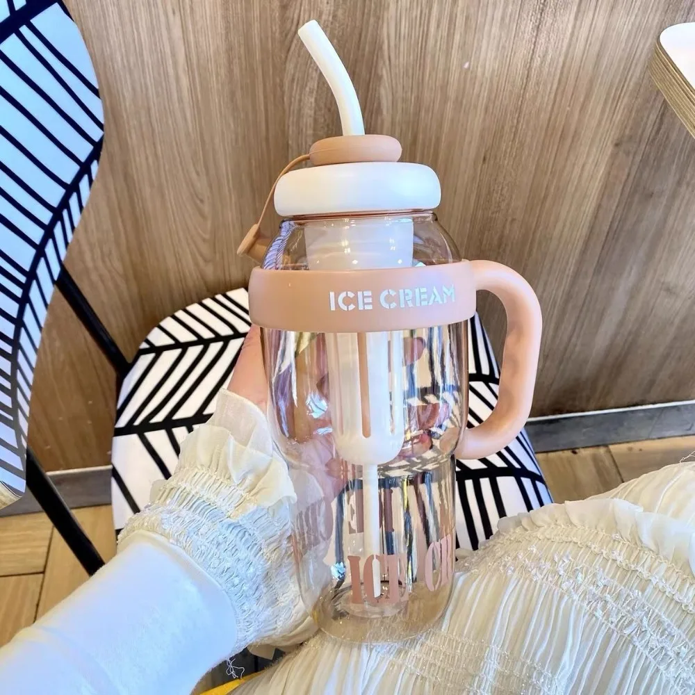 Cute 1200ML Summer Plastic Cup Large Capacity Leakproof Sports Water Bottle with Handle Straw Water Bottle Outdoor Travel