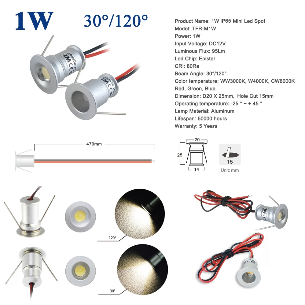 1W DC12V IP65 wodoodporny światełko punktowe LED kciuk lampka punktowa szafki oświetlenie 15mm