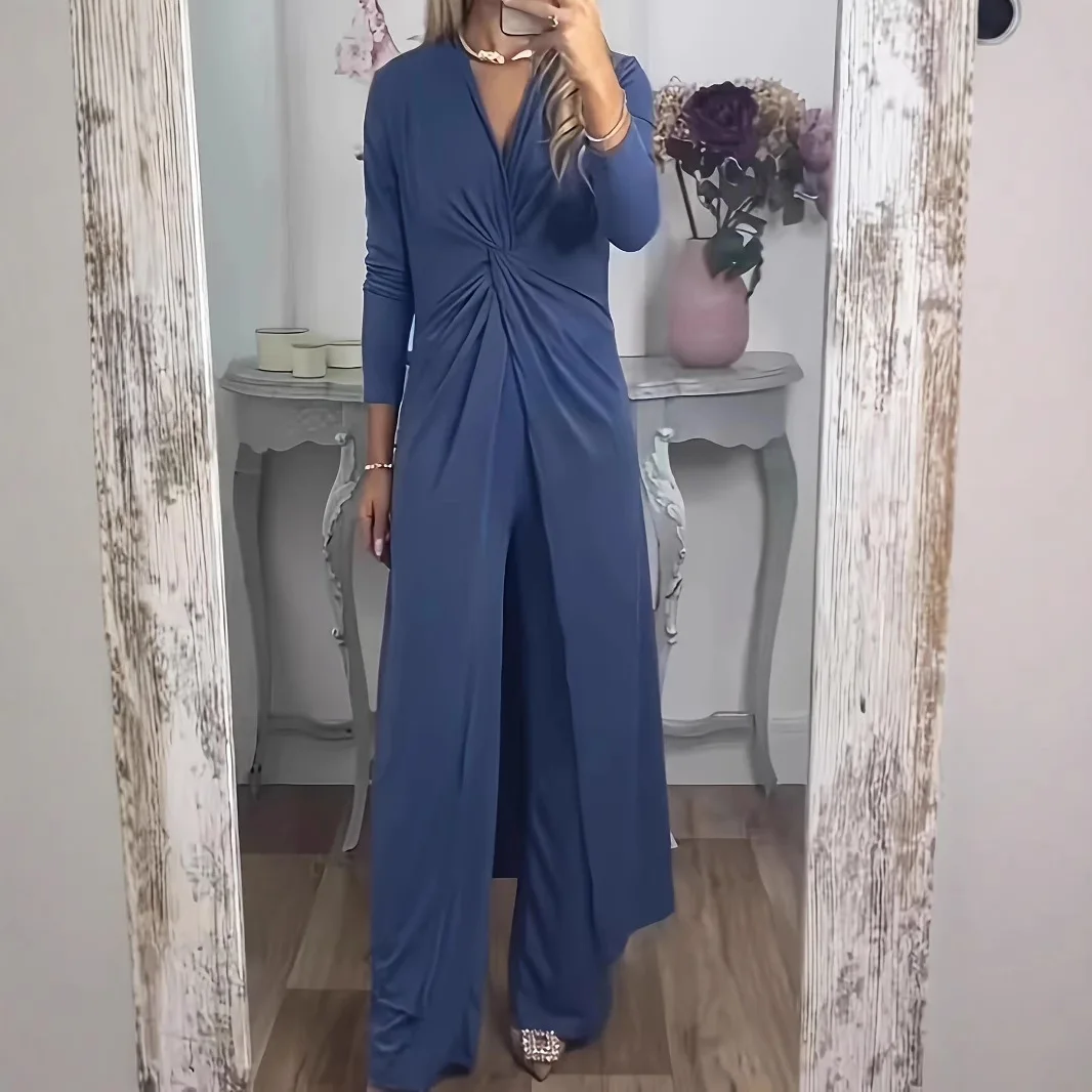 Autumn V-Neck Solid Side Split Dress Long Pants Set Women's Loose 2-Piece