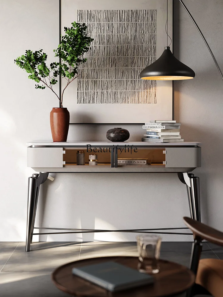 Walnut Console Tables Natural Marble Entrance Cabinet